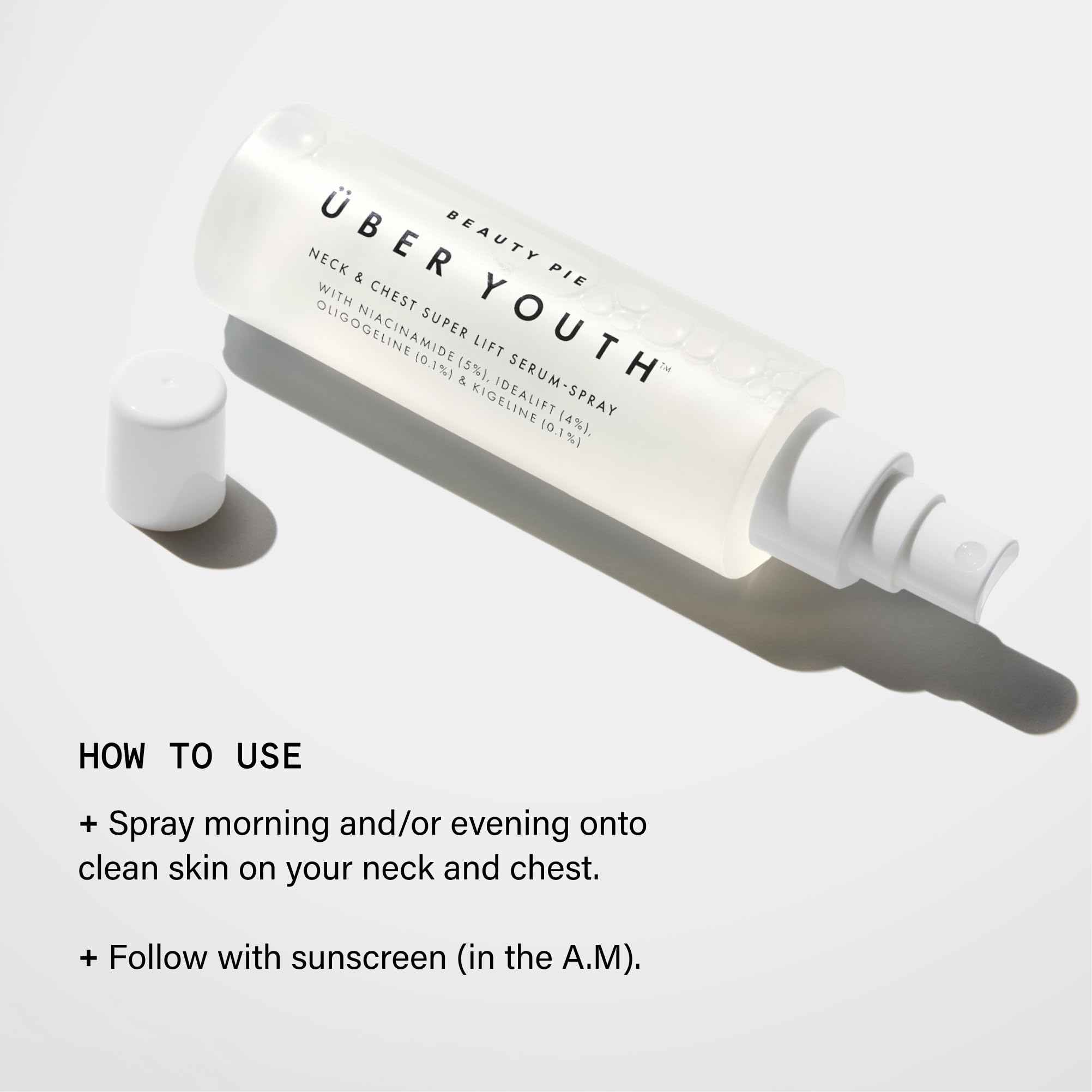 Beauty Pie Uber Youth Neck & Chest Serum-Spray ingredients panel highlights 5% Niacinamide.