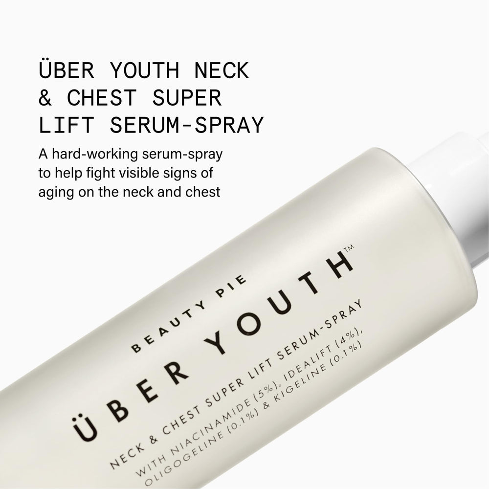 Beauty Pie Uber Youth Neck & Chest Serum-Spray mist on neck delivers quick refresh for aging skin.