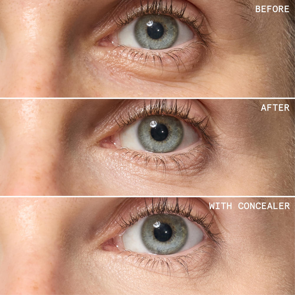 Beauty Pie swatch close-up highlights peach-toned pigments correcting under-eye discoloration.
