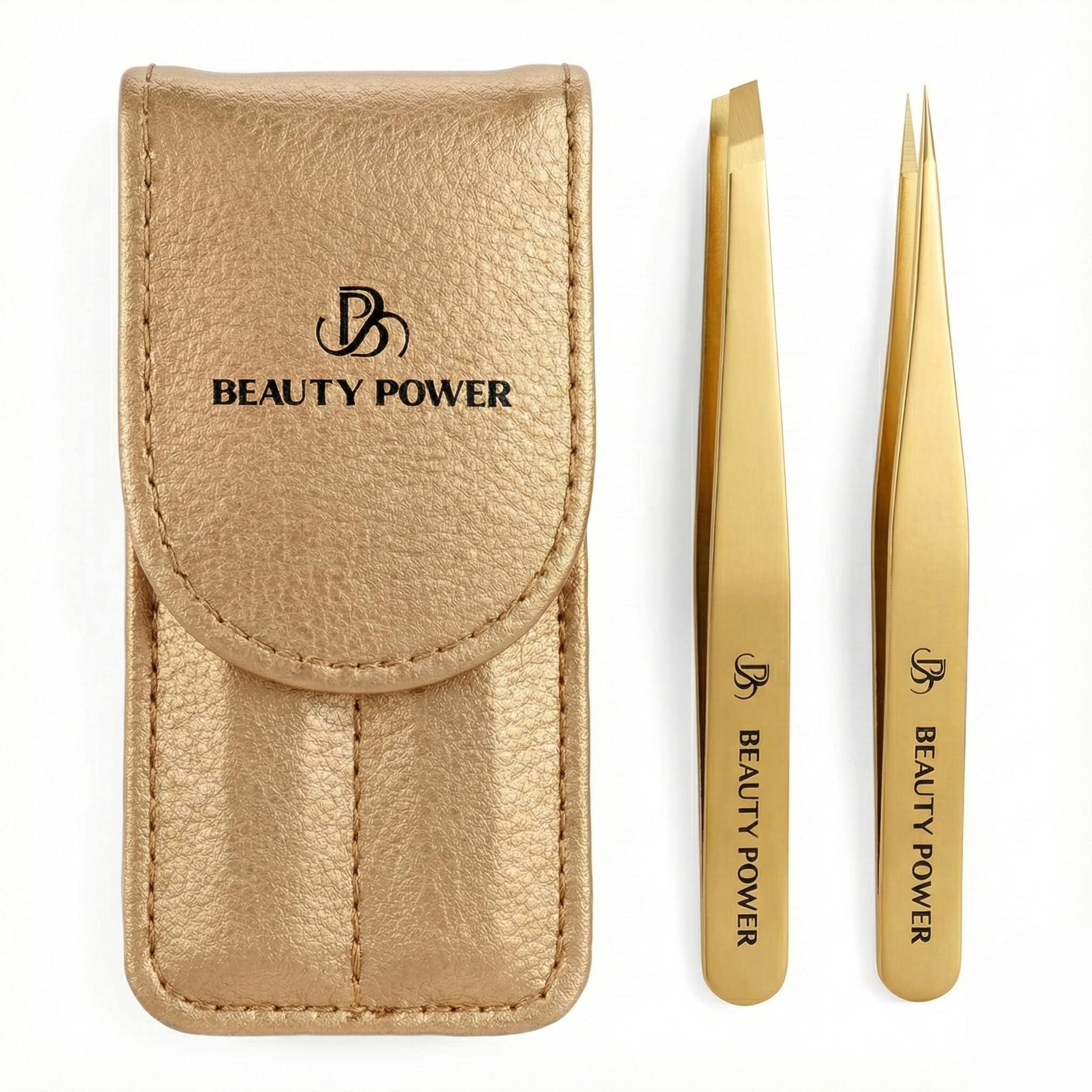 Beauty Power professional tweezers set with slant tips for precise eyebrow grooming.