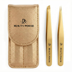 Beauty Power professional tweezers set with slant tips for precise eyebrow grooming.