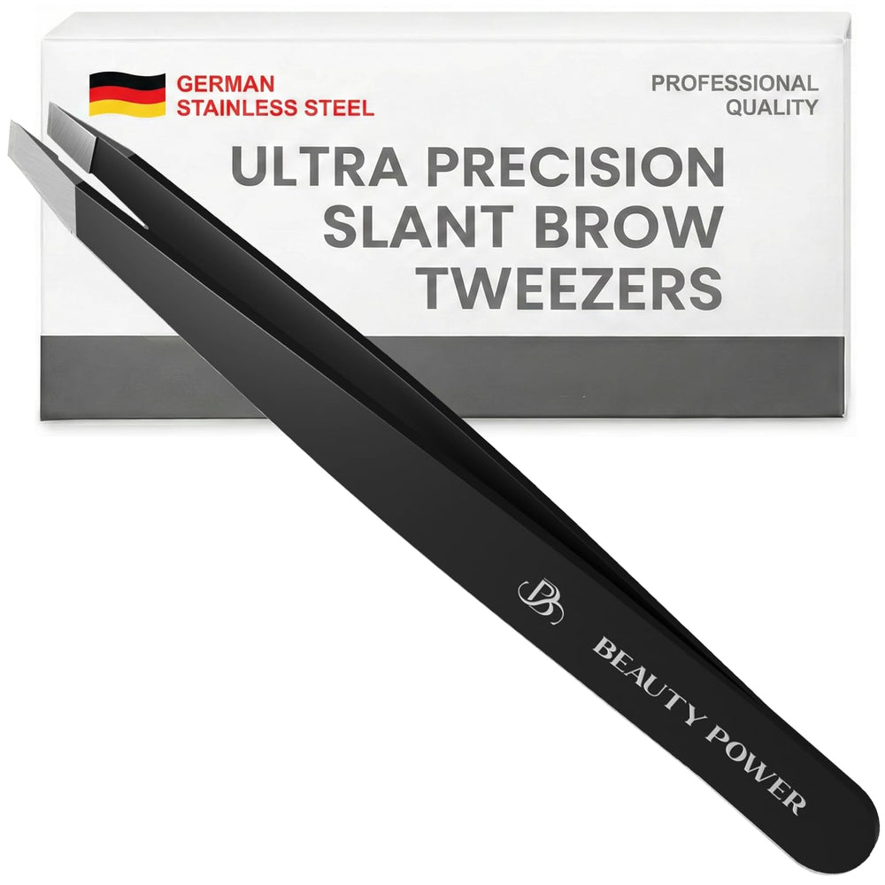 Beauty Power tweezers close-up with slant tip for precise brow shaping and facial hair removal