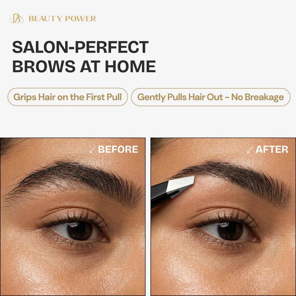 Beauty Power tweezers catching fine hairs for precise plucking and smooth brows