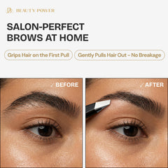 Beauty Power tweezers catching fine hairs for precise plucking and smooth brows