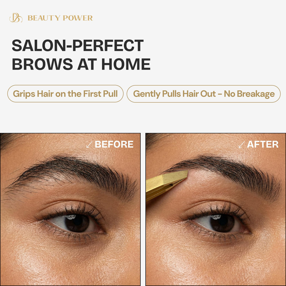 Beauty Power German stainless steel tweezers for durable tension.