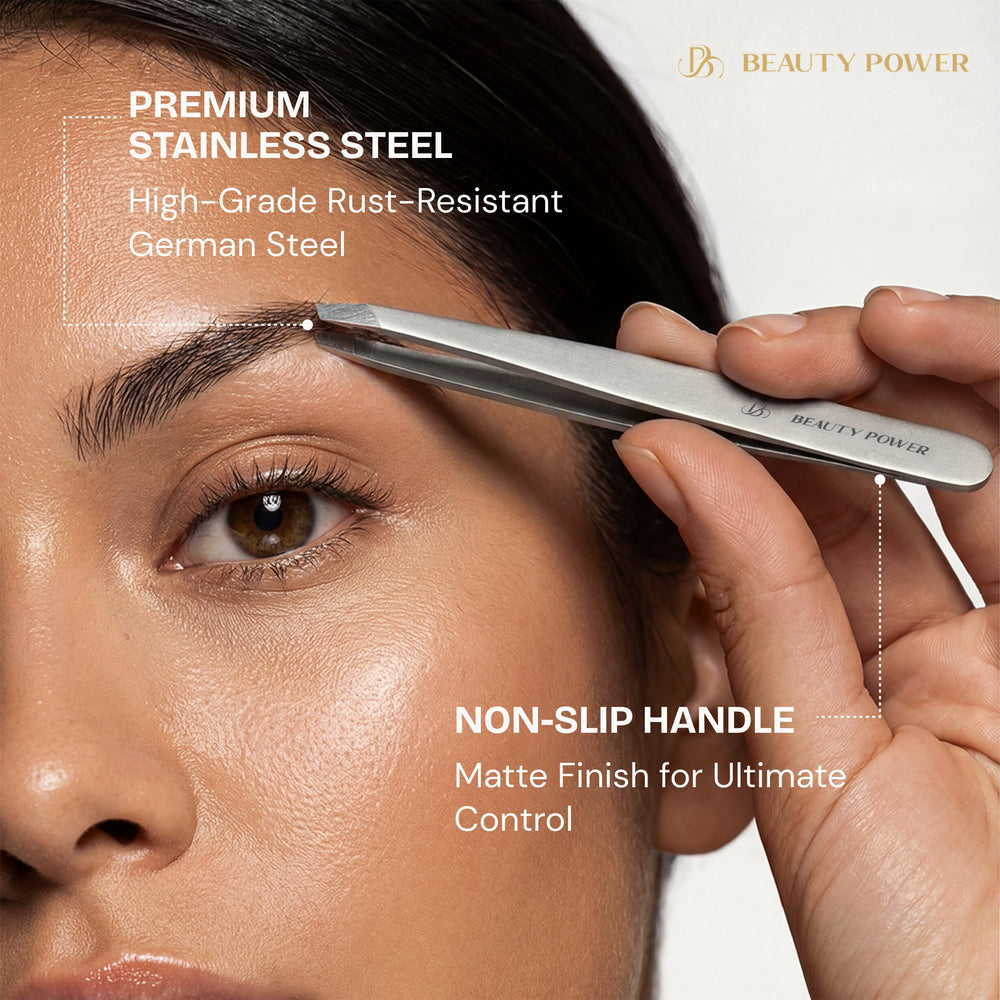 Beauty Power tweezers matte finish provides non-slip grip for stable plucking.