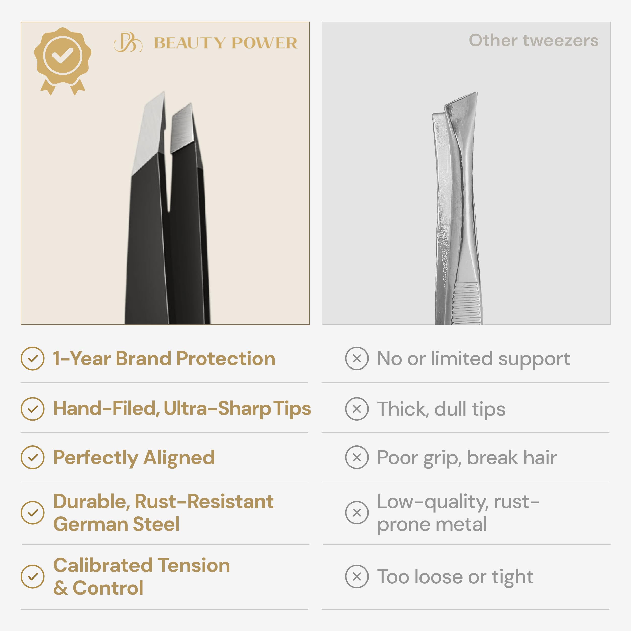 Beauty Power tweezers matte finish offers non-slip control during precise plucking