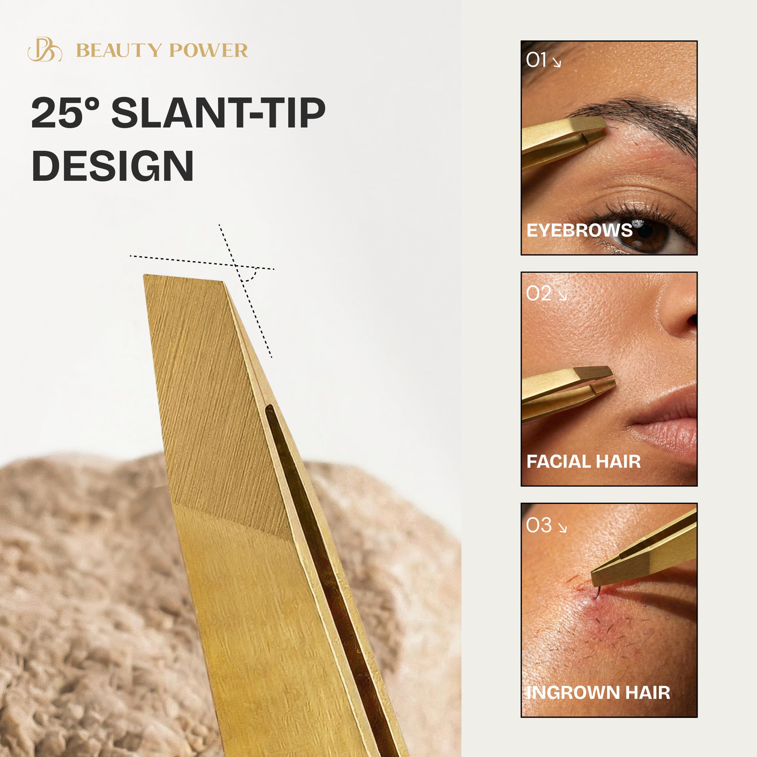 Beauty Power sharp slant-tip tweezers for secure plucking.
