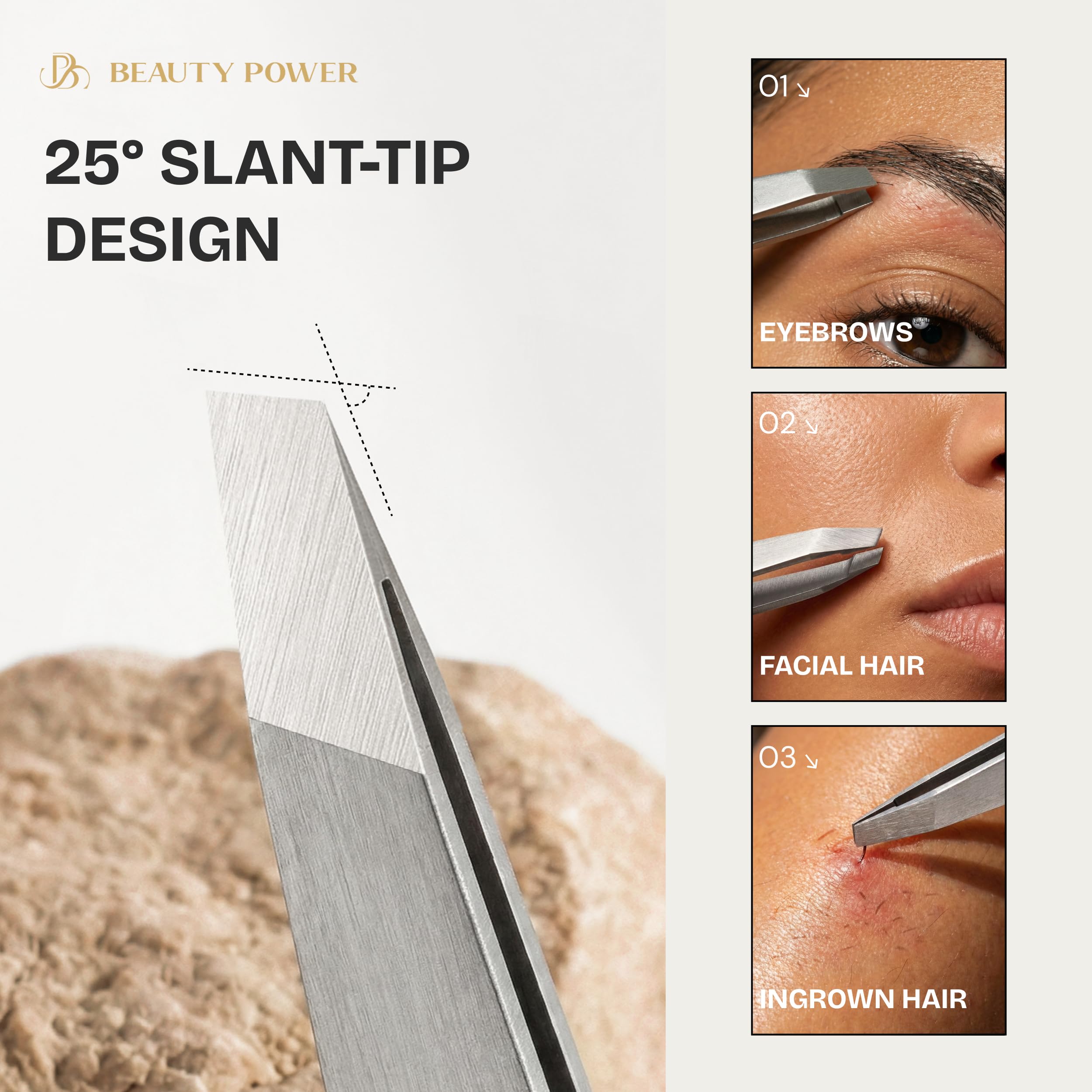 Beauty Power tweezers slant-tip demonstrates steady control for fine hairs.