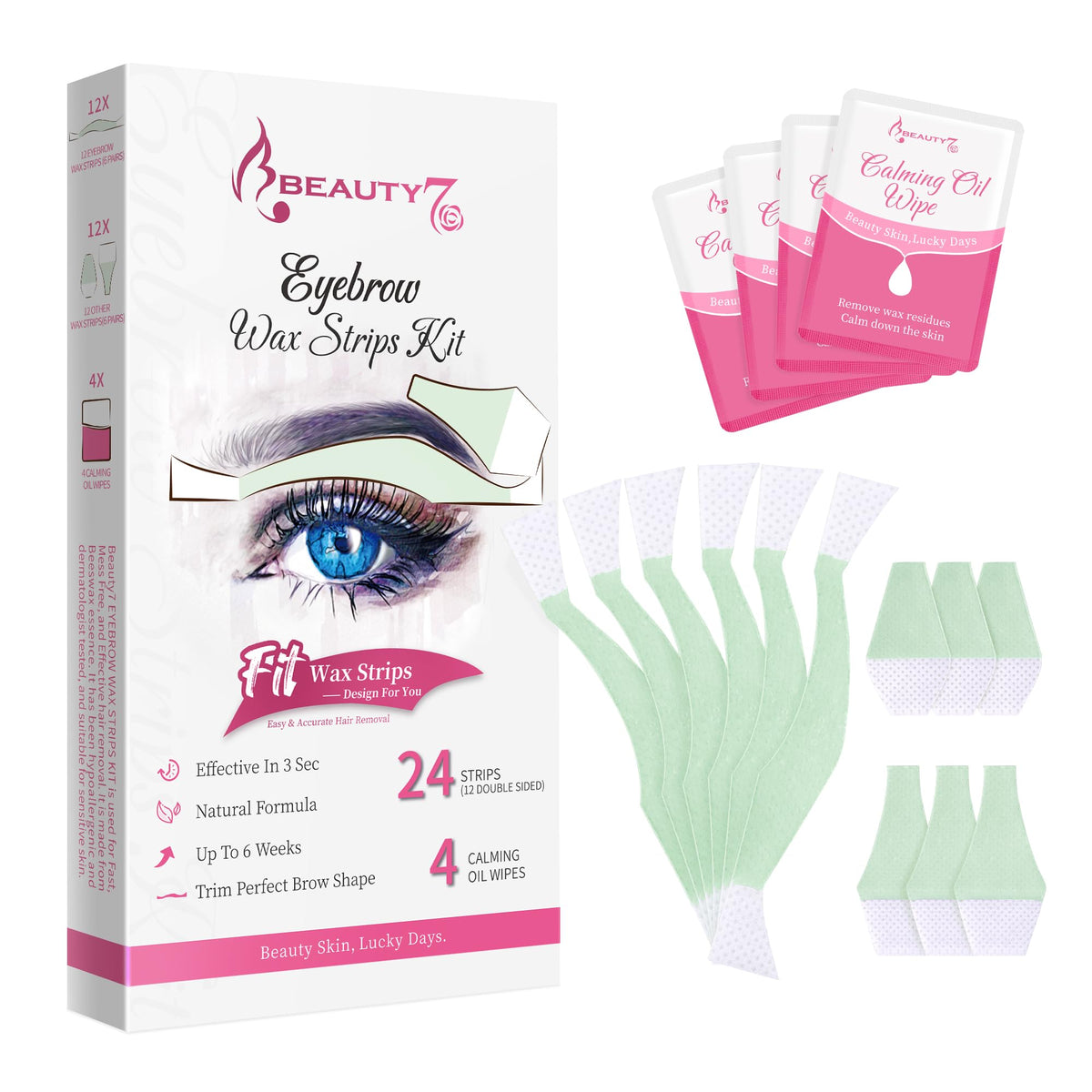 Beauty7 facial wax strips kit front view for precise eyebrow shaping and portable smoothing results