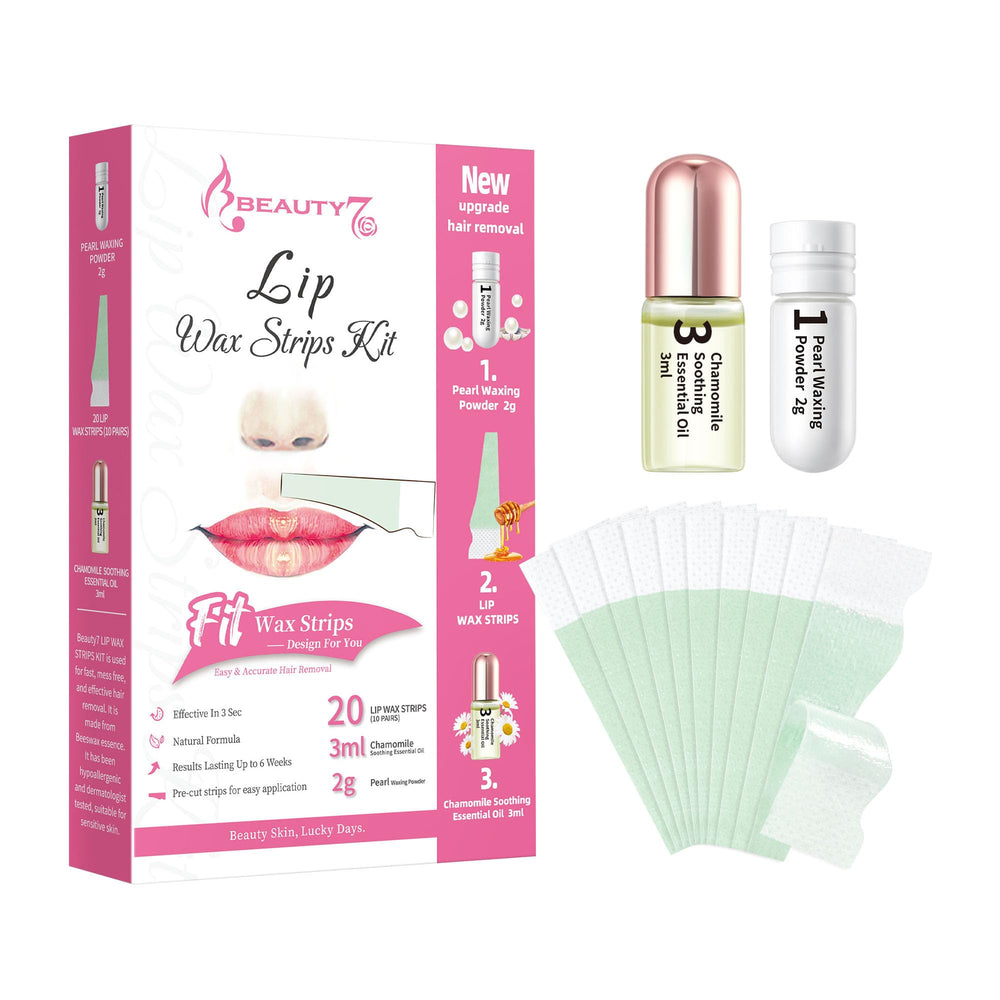 Beauty7 Lip Wax Strips packaging with 20 strips for at home waxing convenience