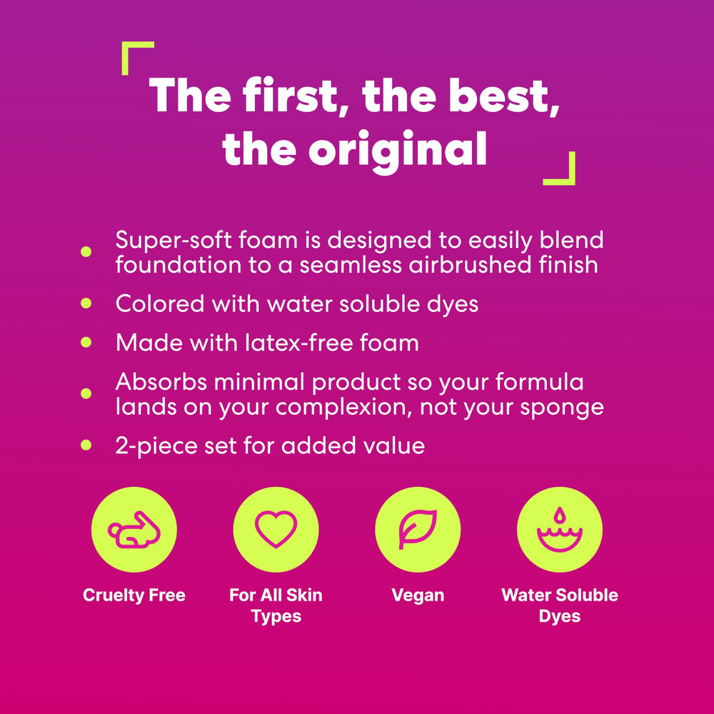 Beautyblender in action blending foundation for a streak-free finish.