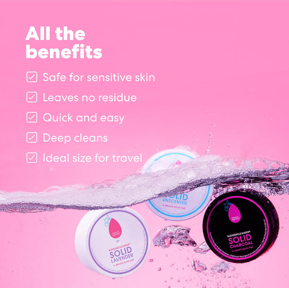 Beautyblender blendercleanser lavender bar creates rich lather on sponges.