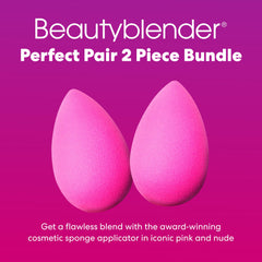 Beautyblender Original Pink 2 piece bundle shown beside makeup bag for on-the-go use.