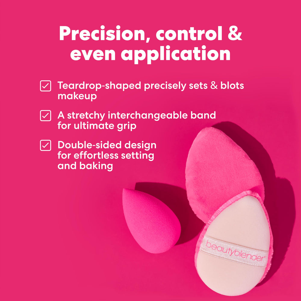 Beautyblender Pocket Puff dual-sided design for setting and blending in one tool.