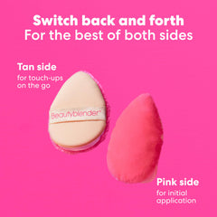Beautyblender Pocket Puff pink plush side deposits powder for even coverage.