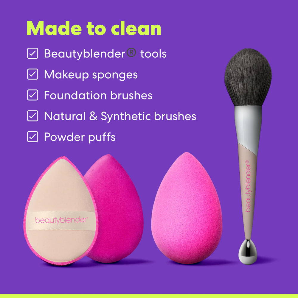 Beautyblender sponge cleaned with lavender bar reveals fresh texture.