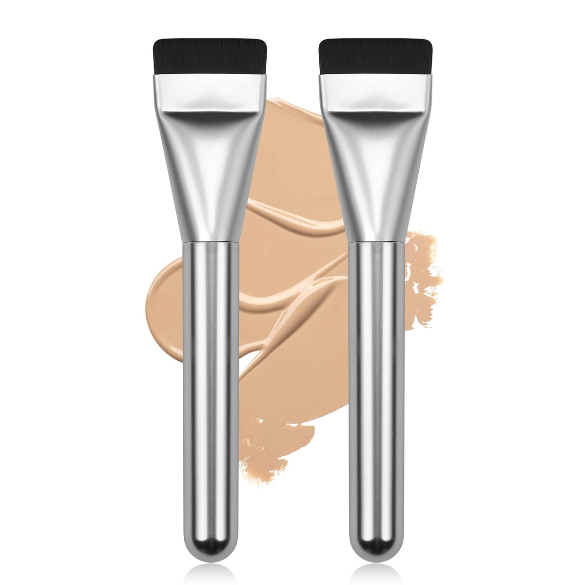 BEAUTYFACTOR flat foundation brush 2pcs front view with sleek silver handles for precise coverage