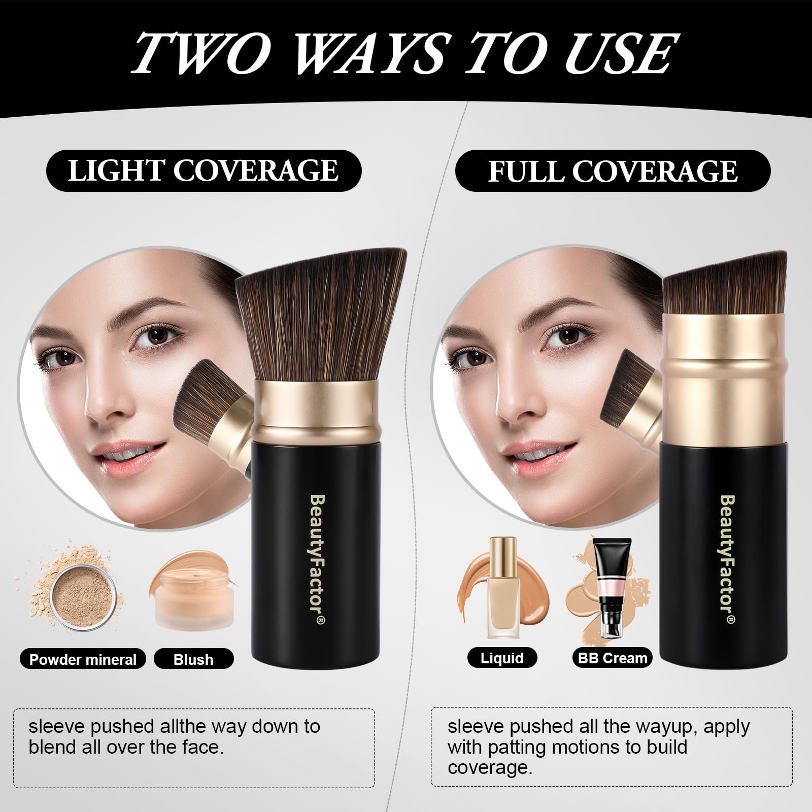 BeautyFactor retractable kabuki brush 4-in-1 versatility for foundation, contour, highlight