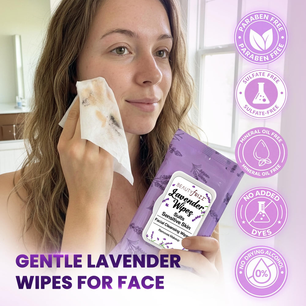 BeautyFrizz toallitas lavanda aloe ricino brindan hidratación durante la limpieza diaria.