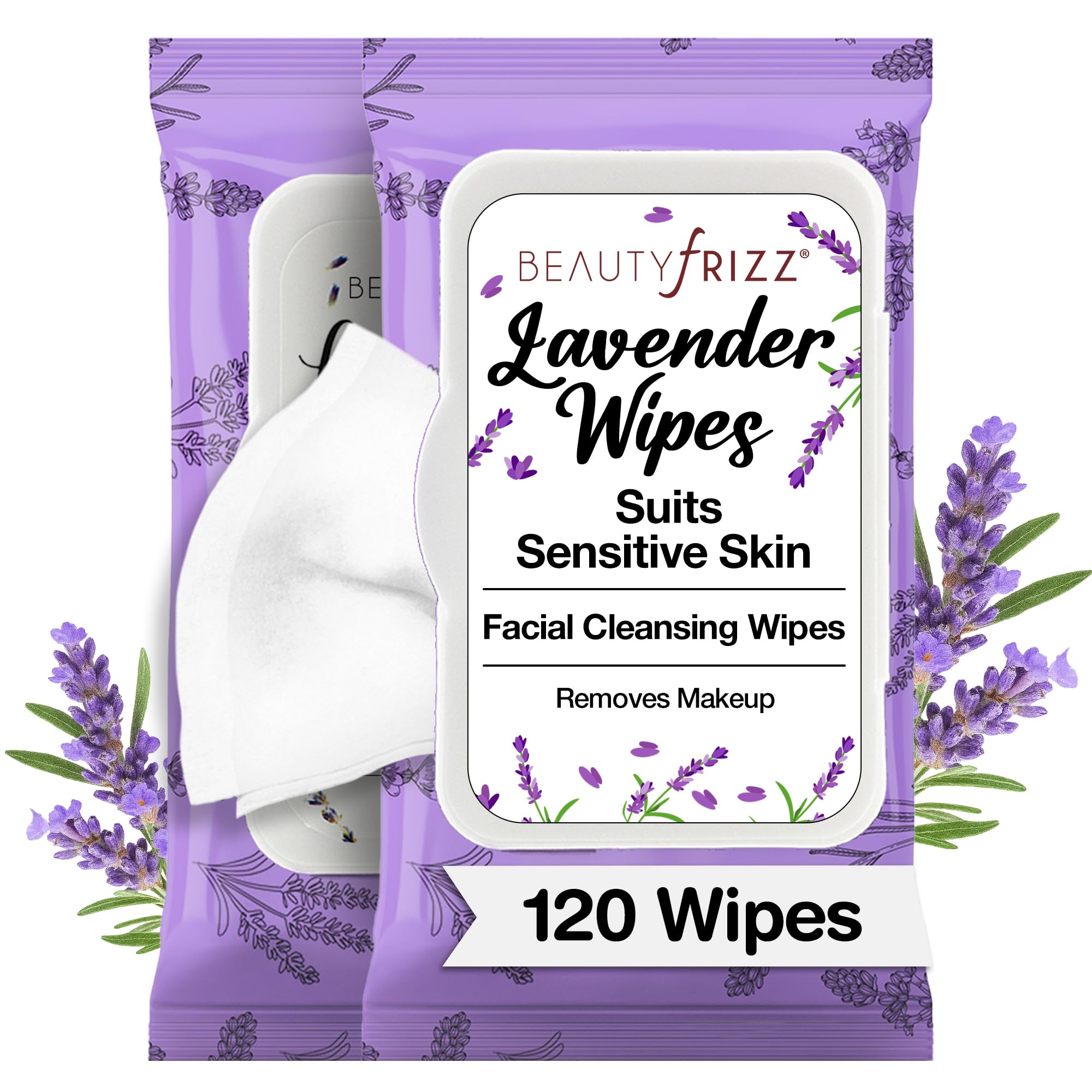 BeautyFrizz toallitas lavanda desmaquillante 120 unidades para limpieza suave.