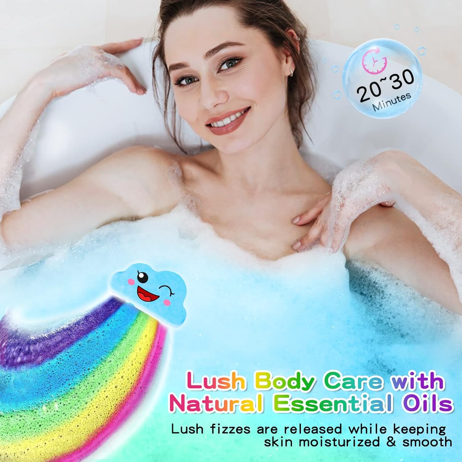 Beauwell bombas arcoiris cuidan la piel sin manchar la bañera, uso seguro para niños.
