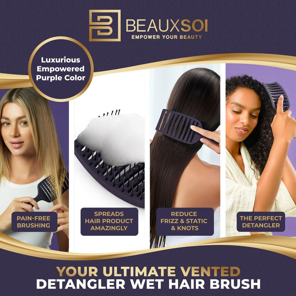 BEAUXSOI detangling brush speeds drying by venting hot air efficiently.