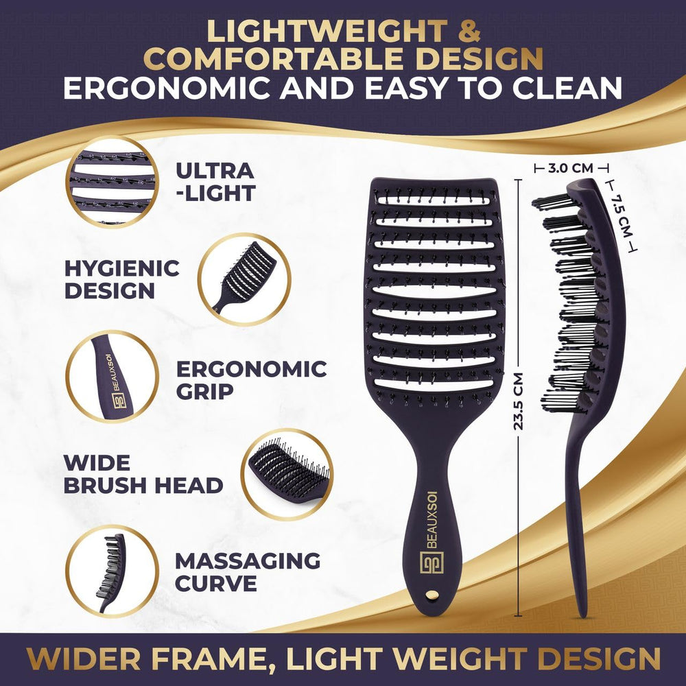 BEAUXSOI vented detangling brush smooths dry hair quickly and gently.