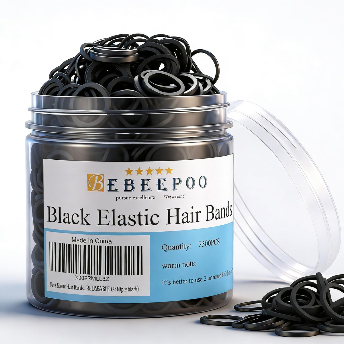 BEBEEPOO ligas elásticas negras mini en caja, fáciles de guardar.