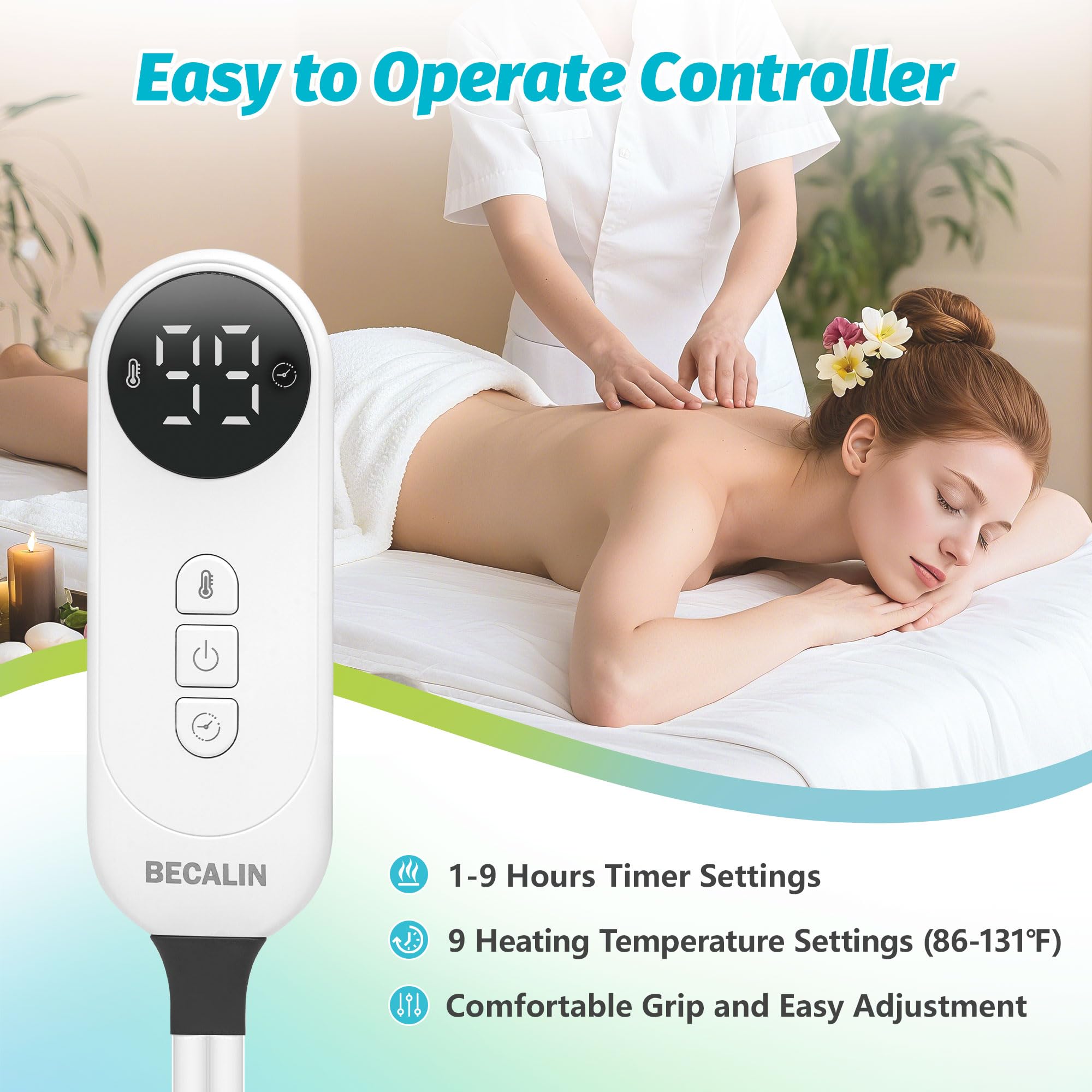 BECALIN warmer showing 9-level heat settings for personalized warmth