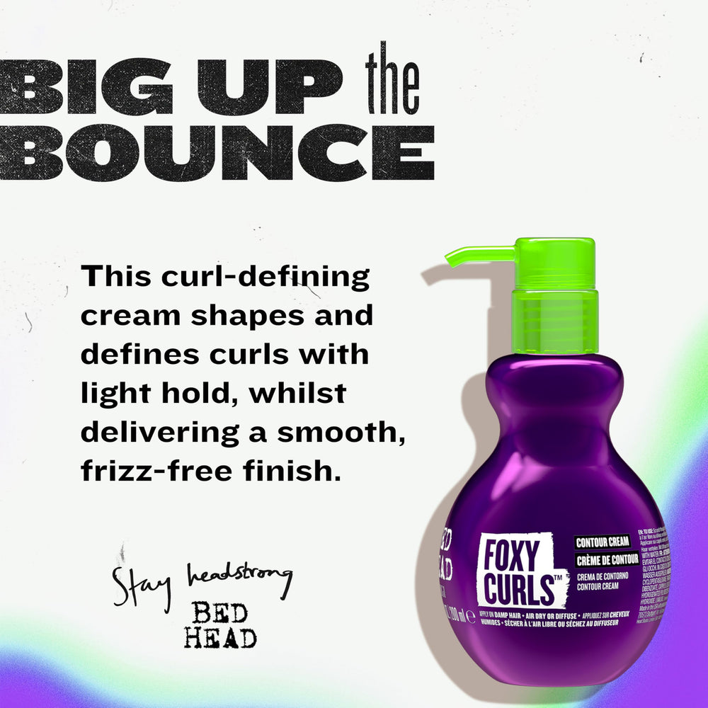 Bed Head Foxy Curls Contour Cream squeeze-tube close-up highlighting soft hold for curls.