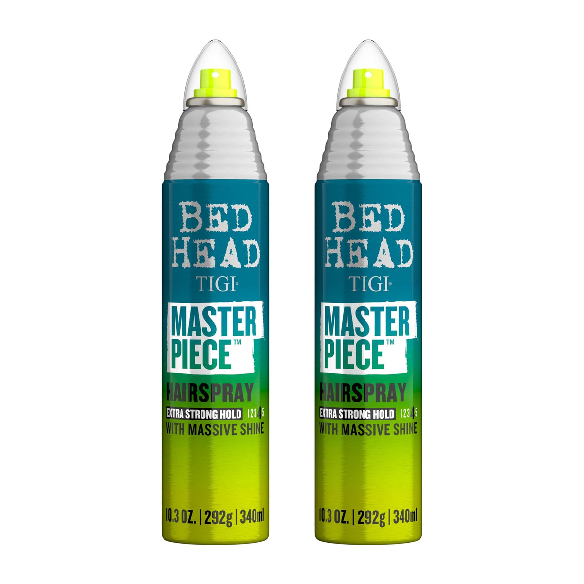 Bed Head Masterpiece Hairspray 2-pack bottle front showing strong hold and shine.