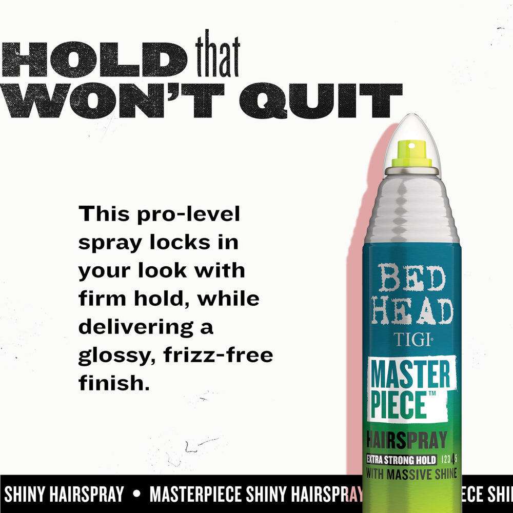 Bed Head Masterpiece Hairspray 2-pack scene demonstrating frizz control.