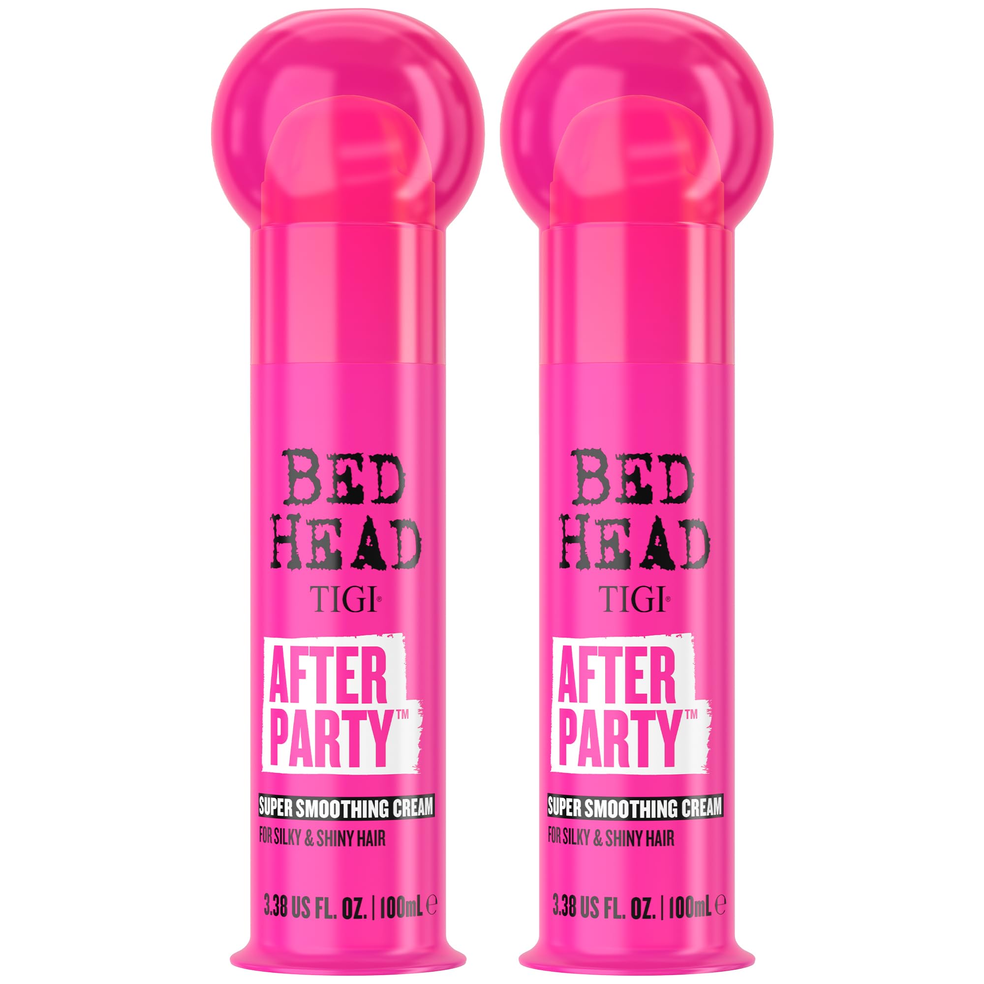 Bed Head TIGI After Party smoothing cream bottle close-up showing frizz-control formula