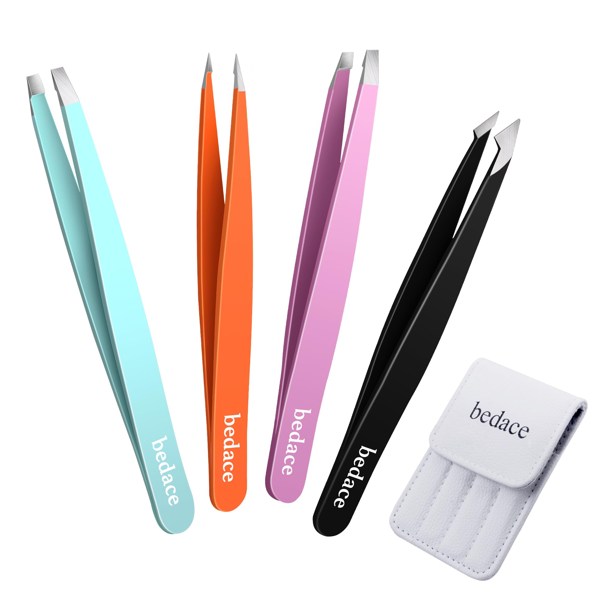 Bedace Tweezers 4-pack with leather case for portable grooming.