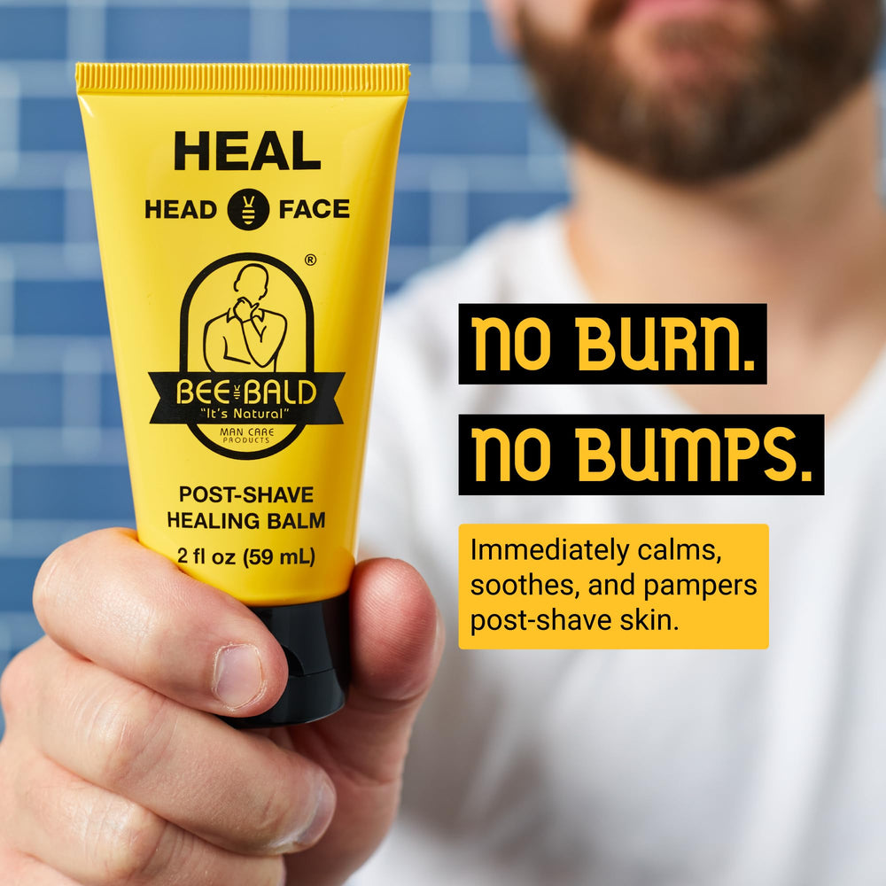 Application closeup of Bee Bald HEAL highlighting soothing, non-sticky post-shave care