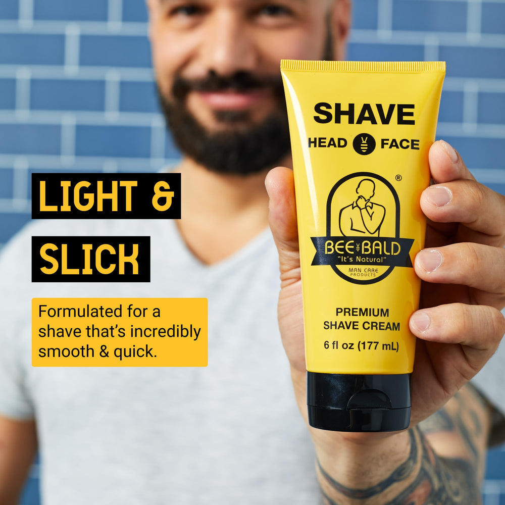 Bee Bald Shave Cream bottle back showing premium formula details.