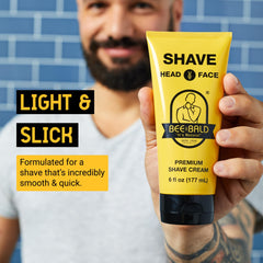 Bee Bald Shave Cream bottle back showing premium formula details.