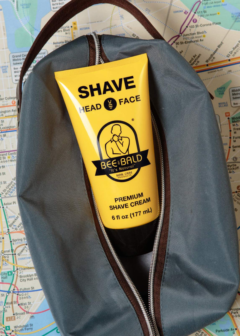 Bee Bald Shave Cream packaging and 6 oz label.