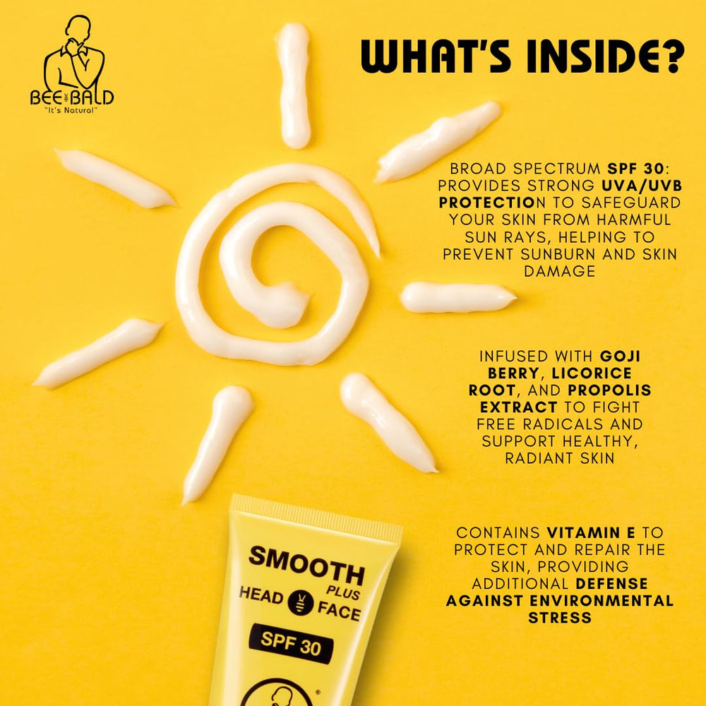 Bee Bald Smooth Plus bottle on bathroom vanity with sunlit skin.