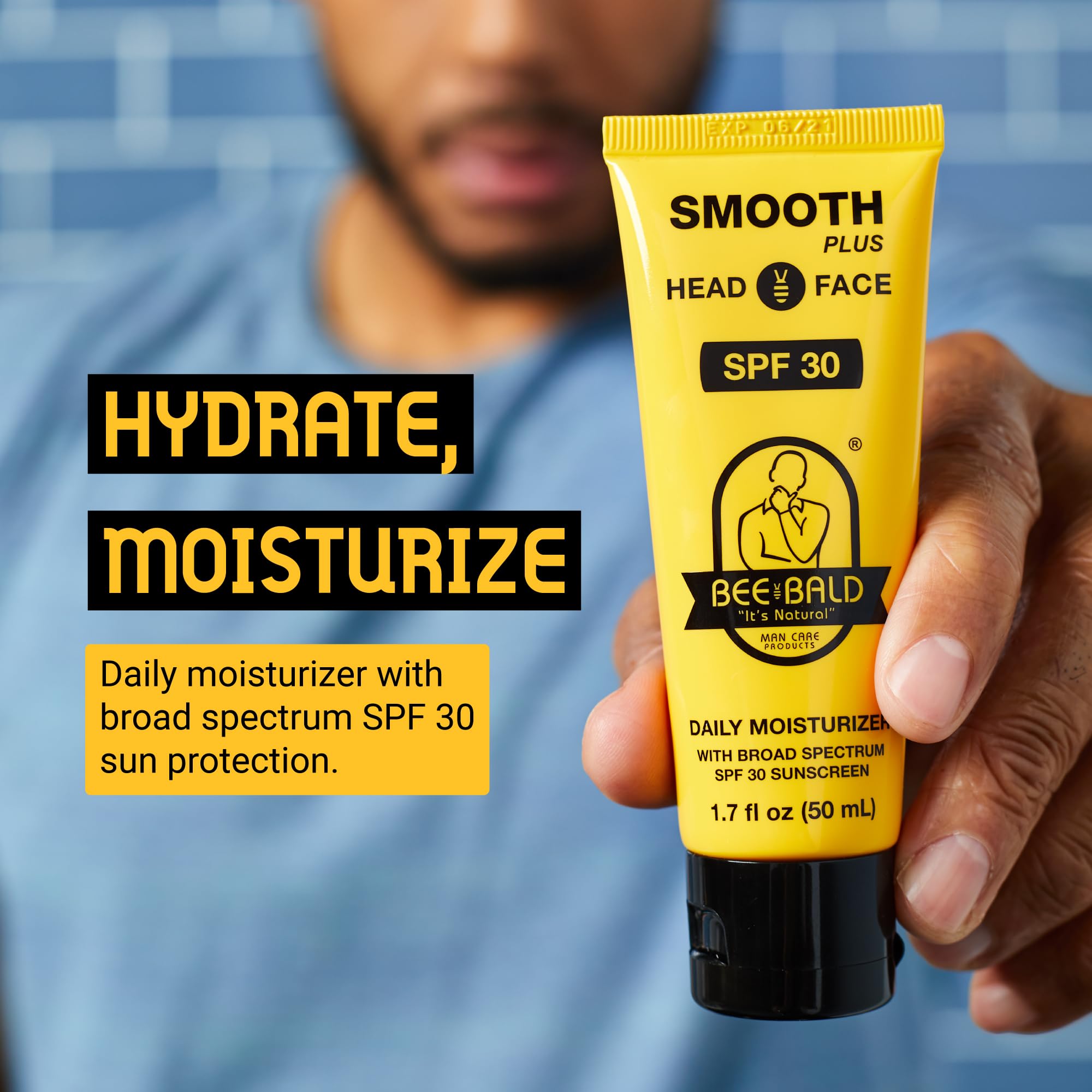 Bee Bald Smooth Plus SPF30 label close-up highlighting broad spectrum protection.