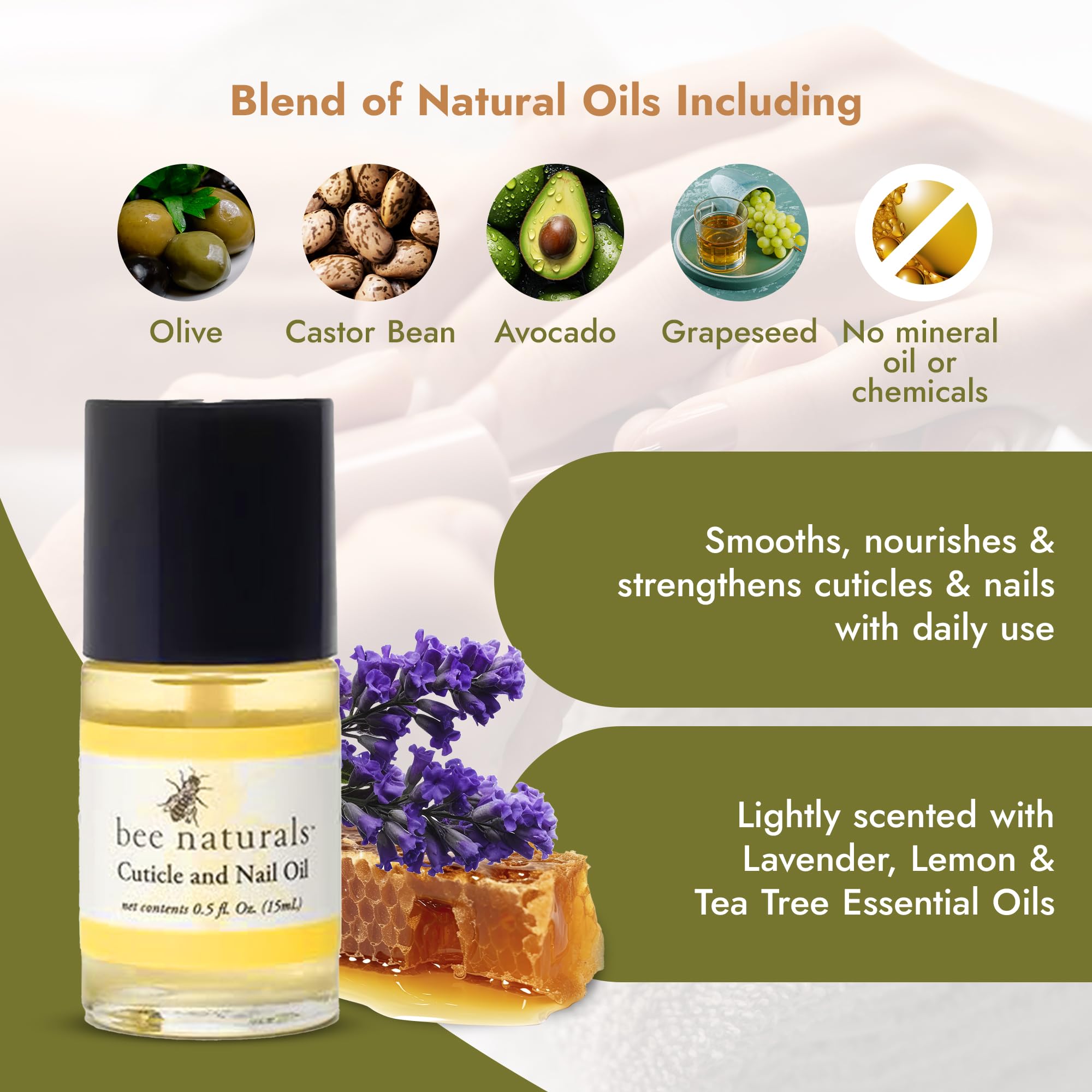 Bee Naturals Aceite uñas y cutícula, textura nutritiva con lavanda y limón.