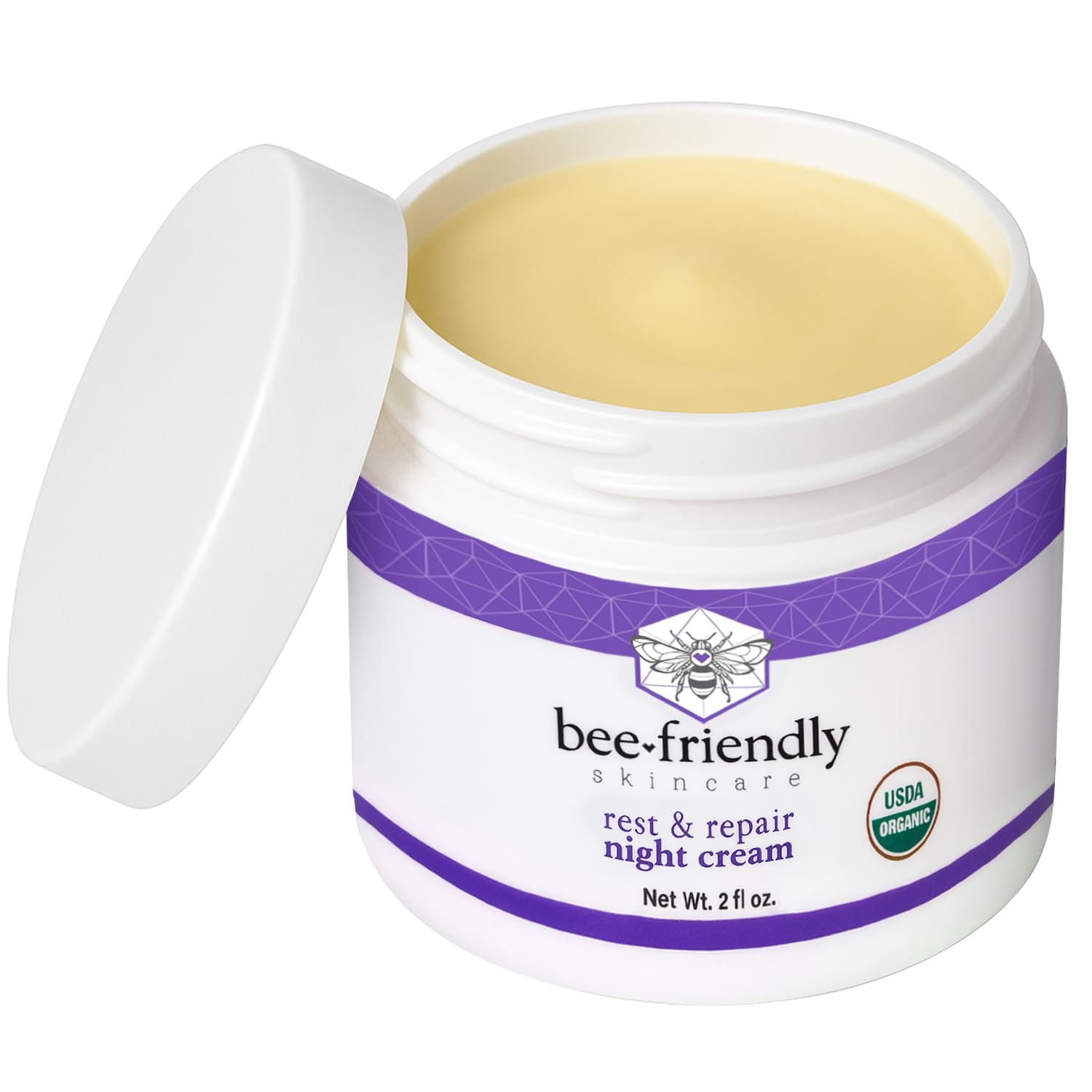 BeeFriendly night cream application routine image suggests easy nightly use before bed.