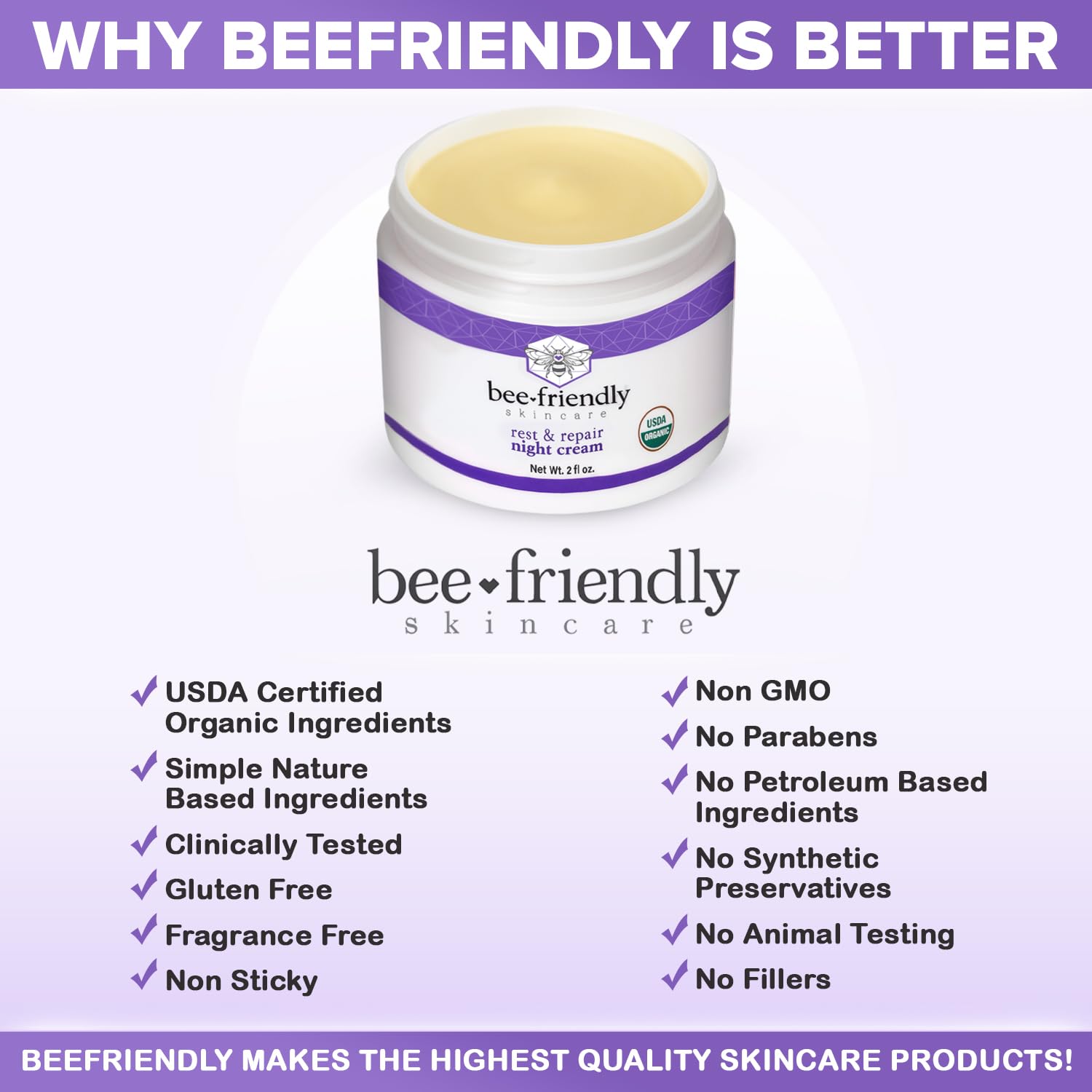BeeFriendly night cream tub with lid highlights premium packaging and 2 oz size.