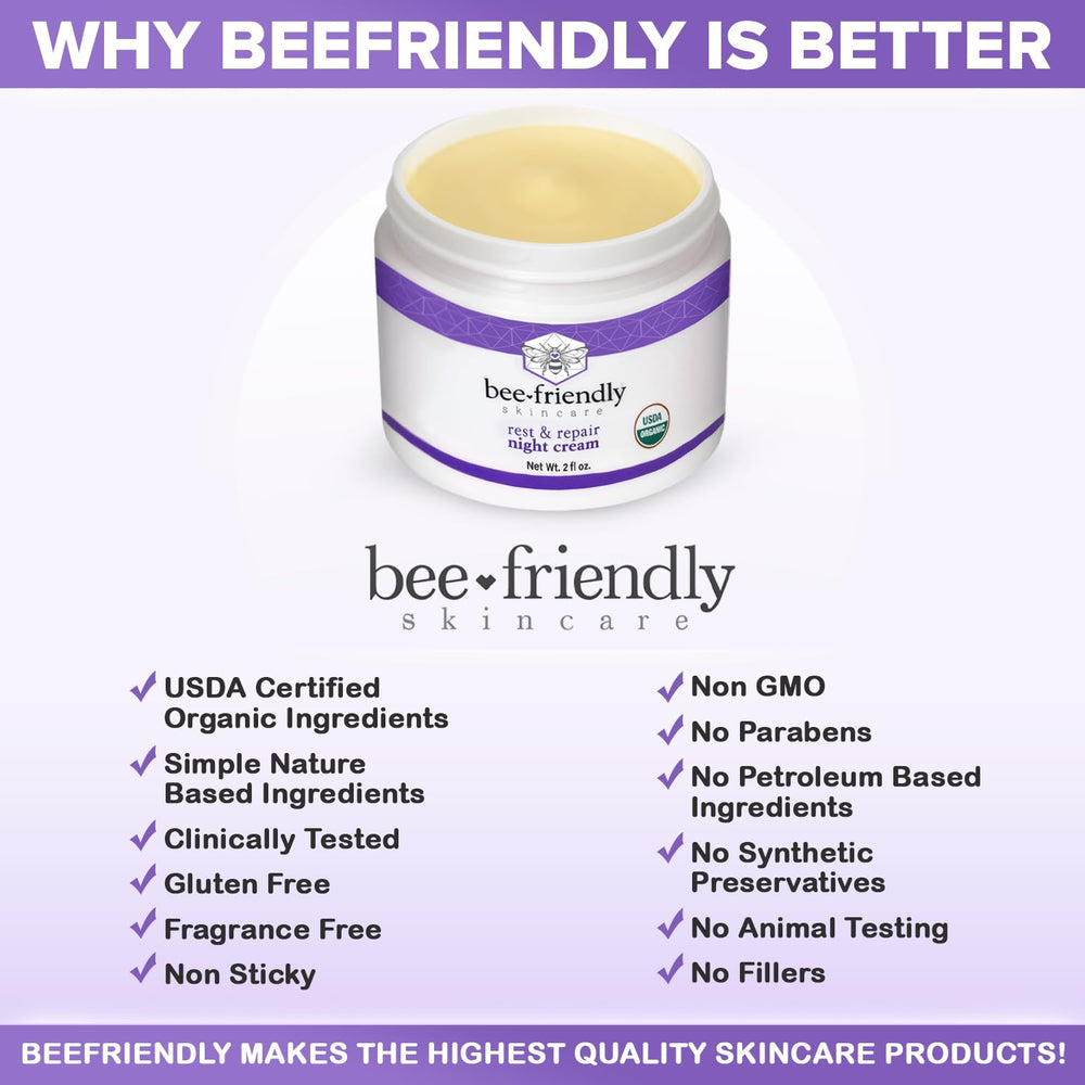 BeeFriendly night cream tub with lid highlights premium packaging and 2 oz size.