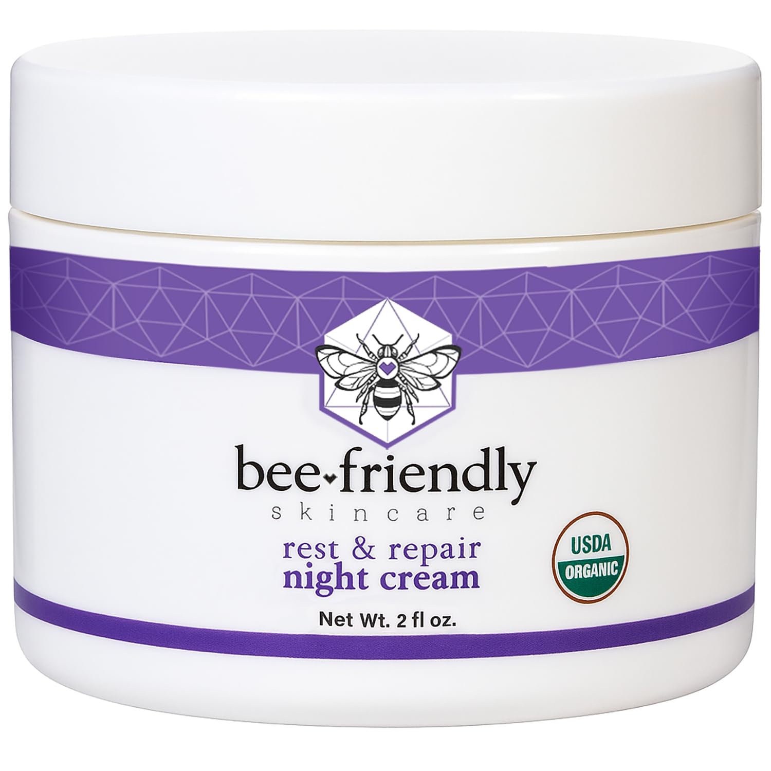 BeeFriendly night cream bottle closeup highlighting rich, organic formula for overnight hydration.