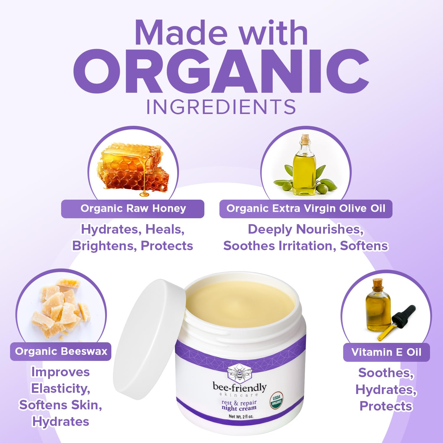 BeeFriendly organic ingredients label showcases recognizable components for clean skincare.