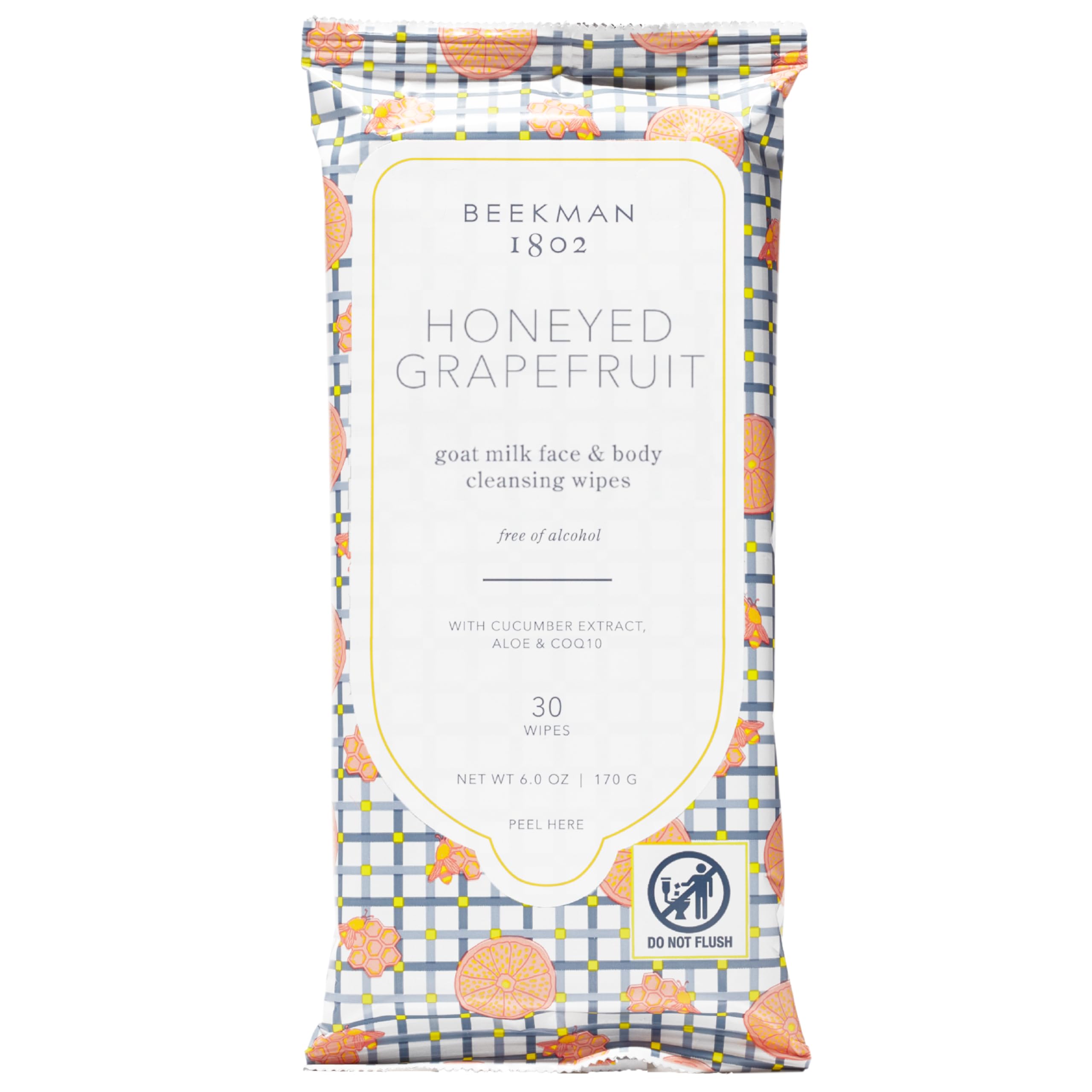 Beekman 1802 toallitas faciales pomelo mielado, envase visible para limpieza rápida sin agua