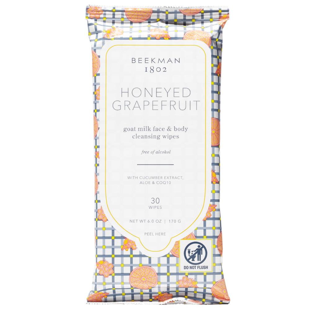 Beekman 1802 toallitas faciales pomelo mielado, envase visible para limpieza rápida sin agua