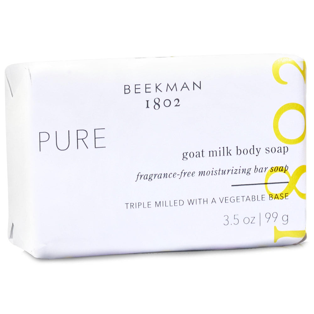 Close-up of Beekman 1802 goat milk soap bar label showing fragrance-free formulation for sensitive skin.